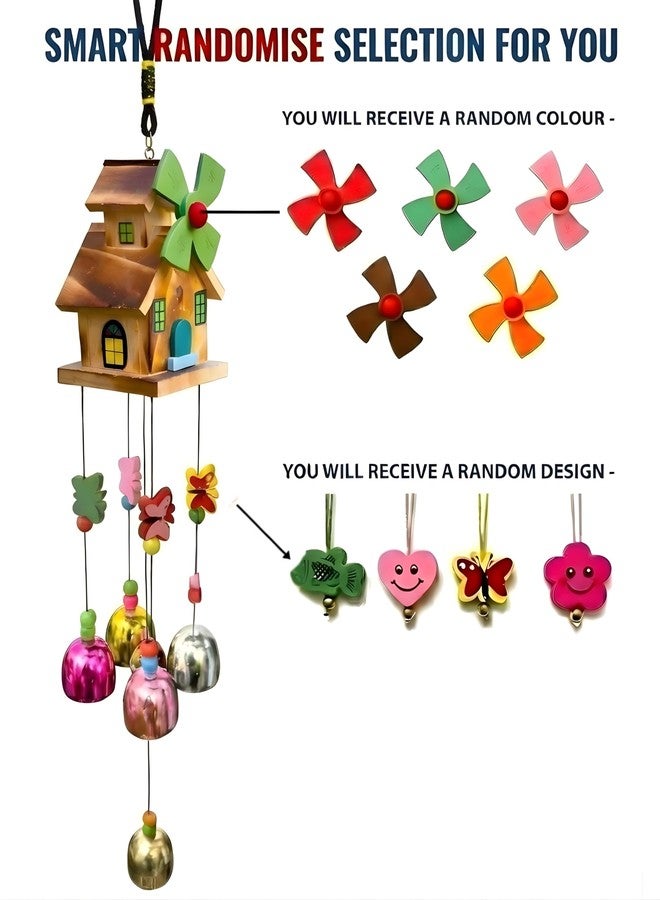 sculpmart جرس رياح خشبي على شكل منزل مع طاحونة هوائية من سكولبمارت - 5 أجراس متعددة الألوان للمنزل والشرفة | هدية وديكور منزلي مع صوت موسيقي (5 أجراس متعددة الألوان) - Image 4